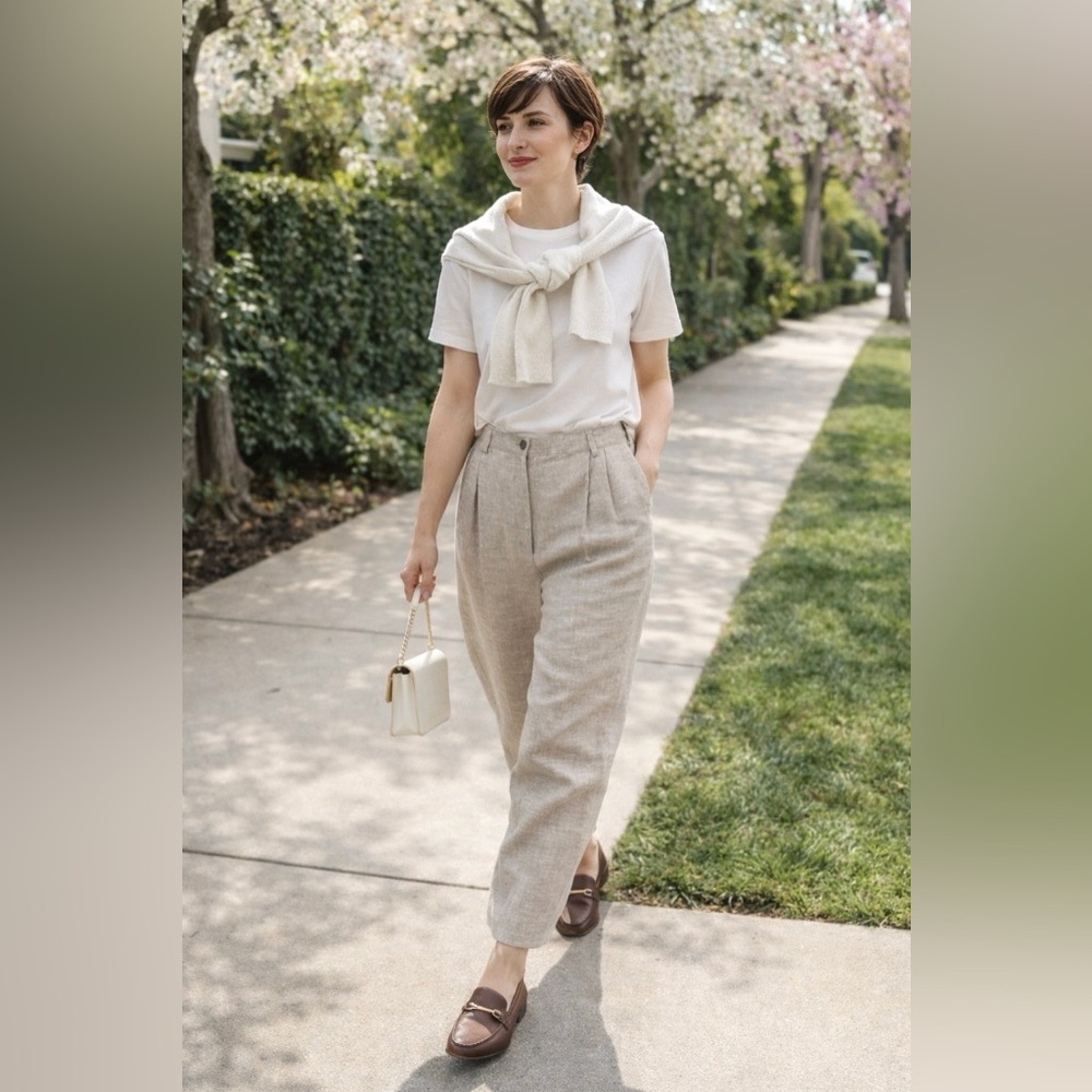 Vintage Harvé Benard Petite 12 Linen Trousers High Rise Beige Tailored Pants 90s